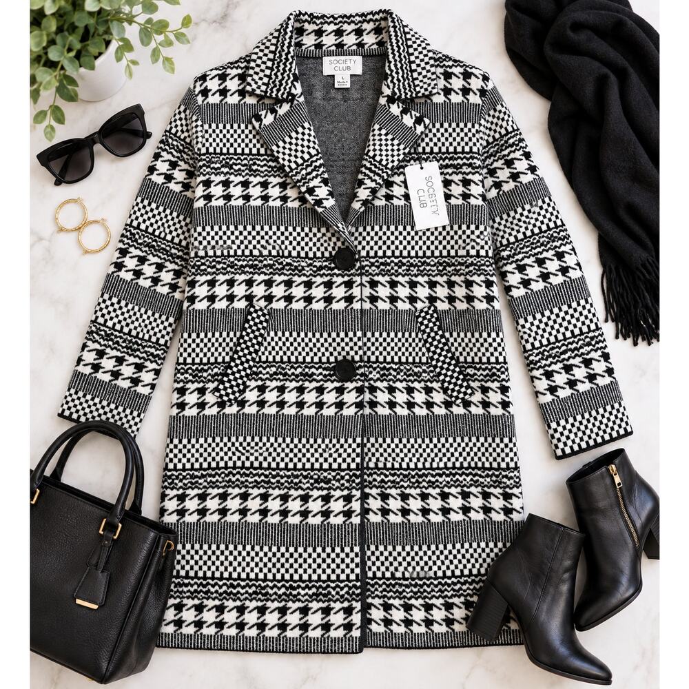 Society Club Houndstooth Coatigan Women L Black White NWT - Picture 2 of 8